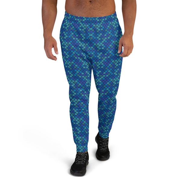 Blue Merman Joggers for Men Fish Scales Pattern Print Men's Mermaid Pants Slim Fit Cuffed Legs Perfect for Streetwear and Activewear