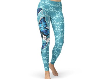 Blue Butterfly Print Leggings – Yoga Pants, Tights