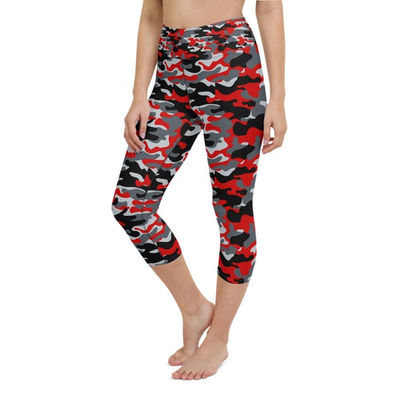 Red Camouflage Yoga Capri Leggings for Women High Waisted Mid Calf