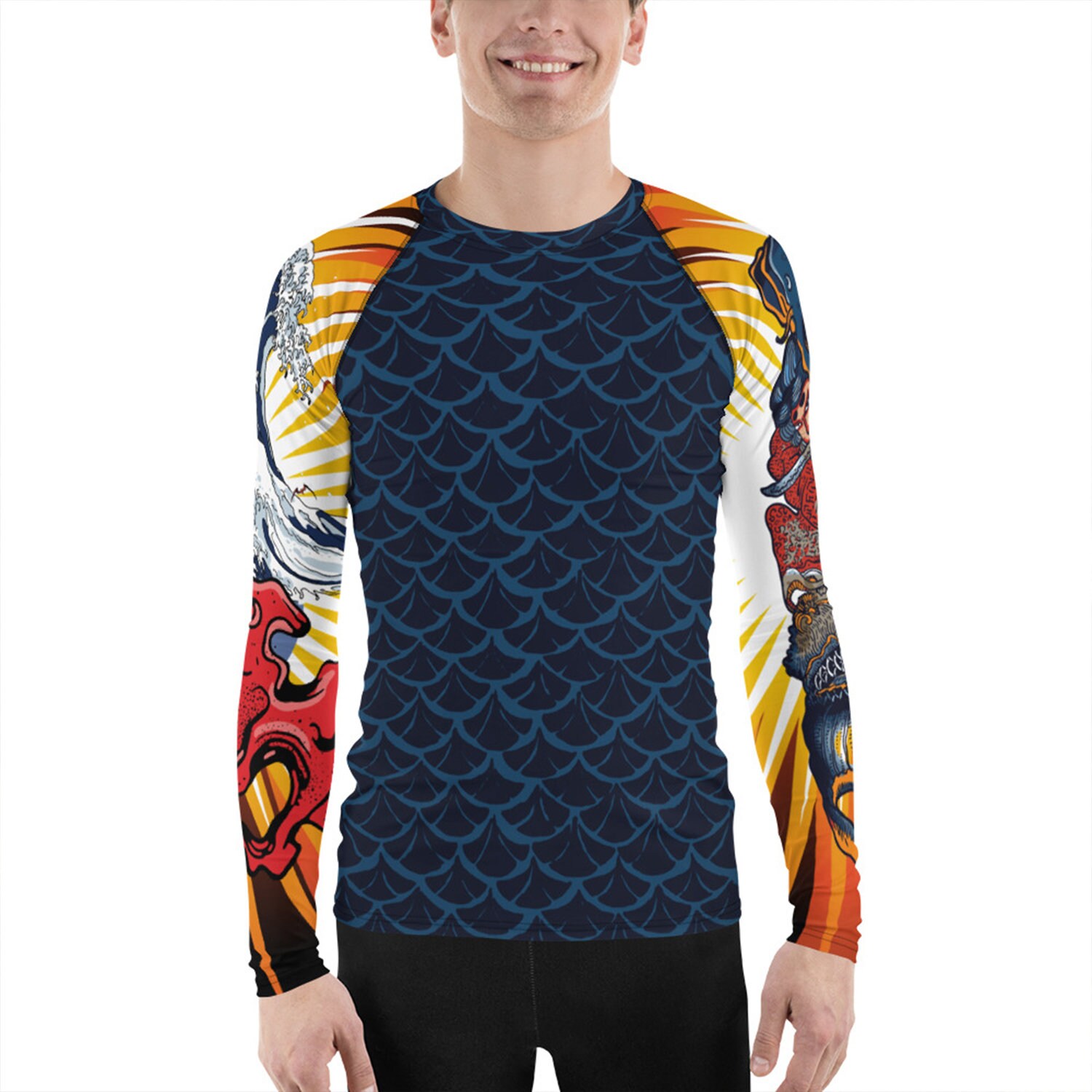 Fish Pattern Rash Guard Mens Koi Fish Scale Rash Guard – Japanese Tattoo Design, UPF 38+ Sun ...