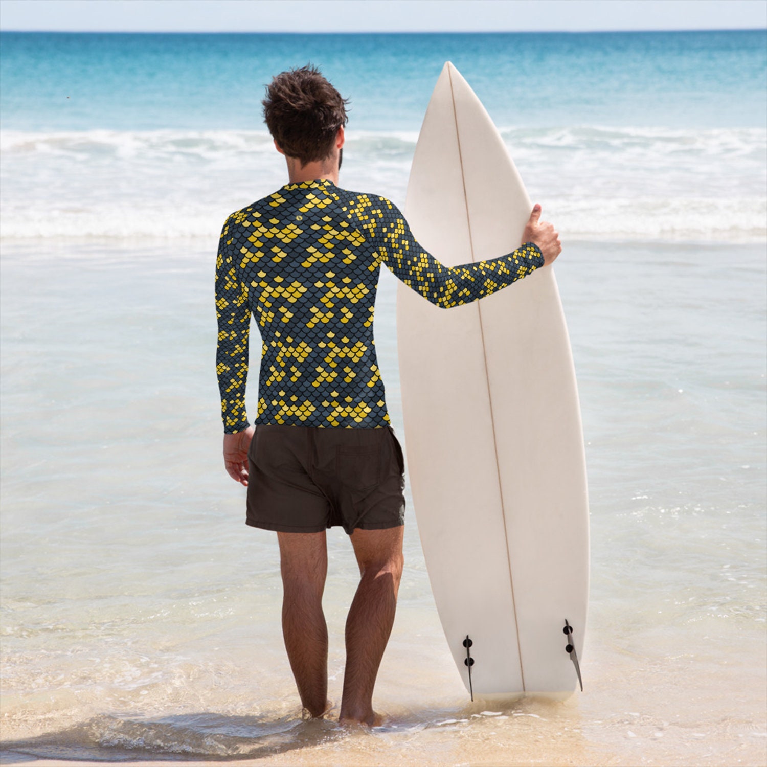 Fish Pattern Rash Guard Merman Rash Guard for Men - Long Sleeve Surf Rashie W/ Dark Gray and ...