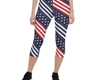 Stars And Stripes Patriot Capri Leggings For Women Mid Waisted Workout Capris Perfect for Celebrations like Independence Day, 4th of July