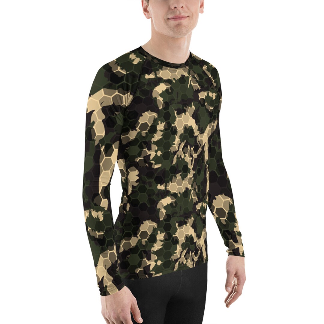 Mens Rash Guard - Army Camo Print With Honeycomb Pattern - Sun ...
