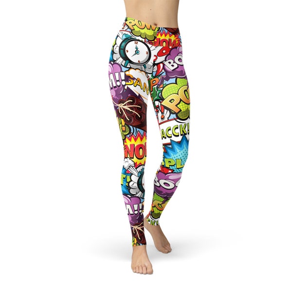 Pop Art Yoga Leggings for Women High Rise Waist Full Length Workout Pants Feat Comic Book Style Explosions Perfect for Crossfit, MMA and BJJ