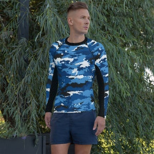 Mens Rash Guard - Long Sleeve Blue Camo Rashguard With Honeycomb Fabric ...