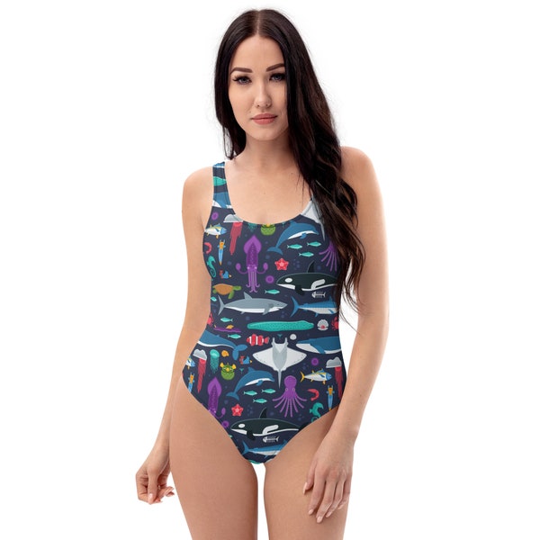 Under the Sea One Piece Swimsuit for Women Ocean Creatures Pattern Modest Bathing Suit, Plus Size, High Cut Chlorine / Salt Resistant