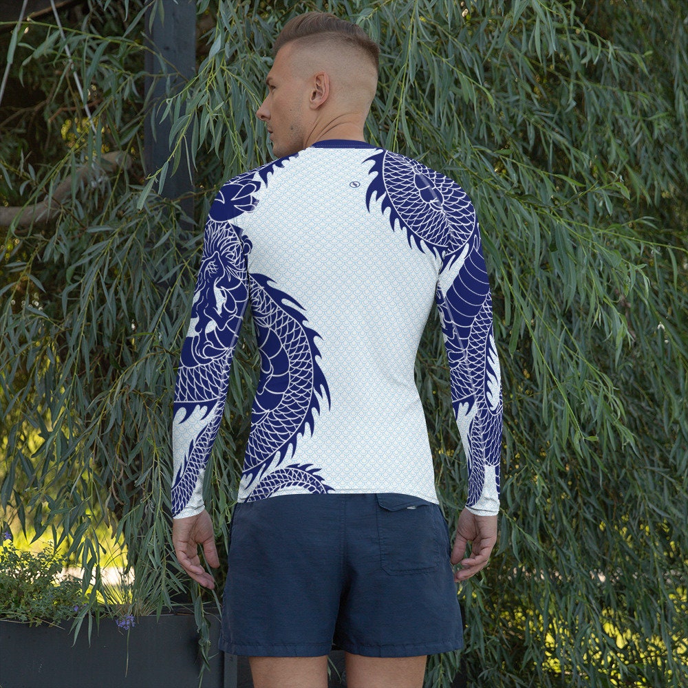 Japanese Dragon Long Sleeve Rash Guard for Men Navy Blue Tattoo Design ...