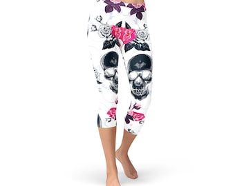 Black Skull and Roses Capri Leggings - Day of the Dead Capri Pants, Skull Roses Print Capri, Skull Tattoo Capri, Flower Skull Print Tights