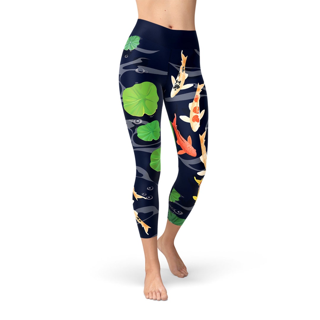 Green Koi Fish White Lotus Water Ripples Print Gym Leggings Women's Yoga Pants