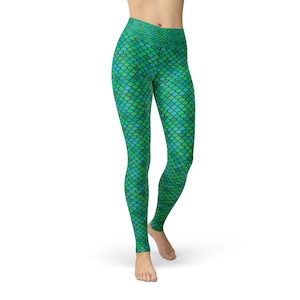 Green Mermaid Yoga Leggings For Women - High Waisted Workout Pants with Fish / Mermaid Scales Print Perfect For Crossfit, Non See Through
