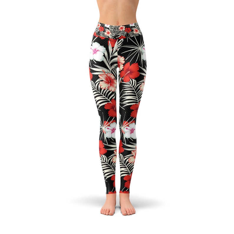 Red Hibiscus Flower Print Women's Leggings