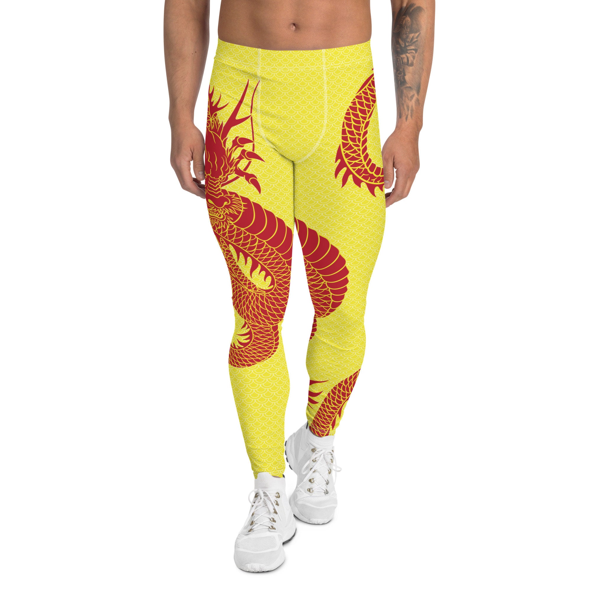 Red Japanese Dragon Leggings for Men Mid Rise Waist Full Length Yellow Workout Pants Perfect for Surfing Running BJJ and MMA Etsy UK