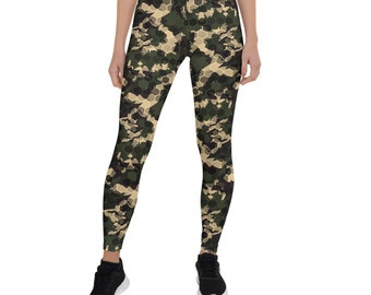 Army Camo Leggings For Women Printed Camouflage Green Leggings w Gold Hexagon Pattern Print Squat Proof Non See Through Crossfit Gym Pants