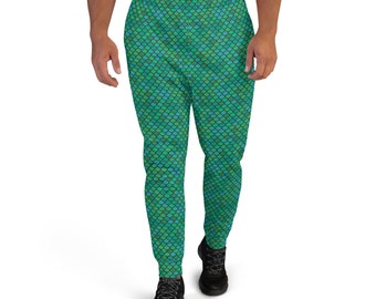 Green Merman Joggers for Men Fish Scales Pattern Print Men's Mermaid Pants Slim Fit Cuffed Legs Perfect for Streetwear and Activewear