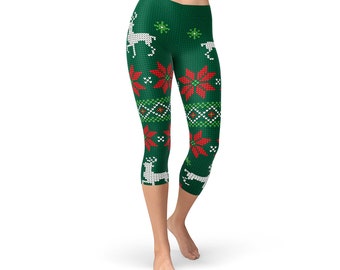 Knitted Christmas Capri Leggings - Festive Capris, Christmas Tights, Christmas Workout Capris, Christmas Printed Capris, Running Tights