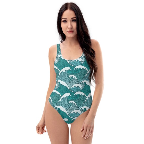 Ocean Waves Swimsuit One Piece Bathing Suit W/ Polynesian Hawaiian