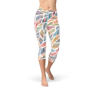 Feather Capri legging voor vrouwen - witte Capris w / moderne stijlvolle veren of bladeren over de hele Print Squat goedgekeurd Capri Perfect voor Yoga