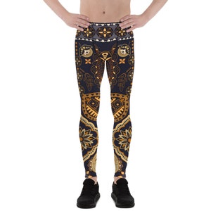 Mens Leggings - Meggings - Ornamental Paisley Leggings for Men with Persian / Indian Floral Motif Pattern Print Perfect for Yoga and Running