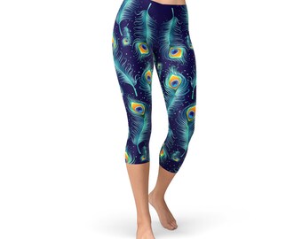 Peacock Feathers All Over Print Capri Pants - Featuring Seamless Peacock Tail Feather, Perfect To Use As Capri Yoga Pants, Or MMA, Crossfit