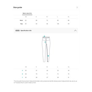 Puede incluir: Tabla de tallas para leggings con medidas en cent&iacute;metros para la cintura, las caderas, la entrepierna y la altura. La tabla muestra las medidas para las tallas XS, S, M, L y XL.