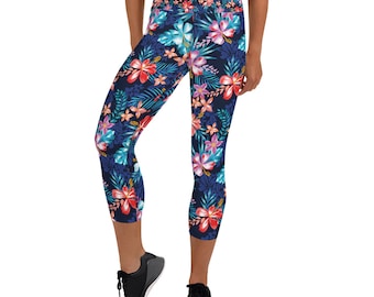 Hawaiian Yoga Capri Leggings for Women Tropical Polynesian Floral Pattern Print High Waisted Workout Pants Perfect for Running and Crossfit