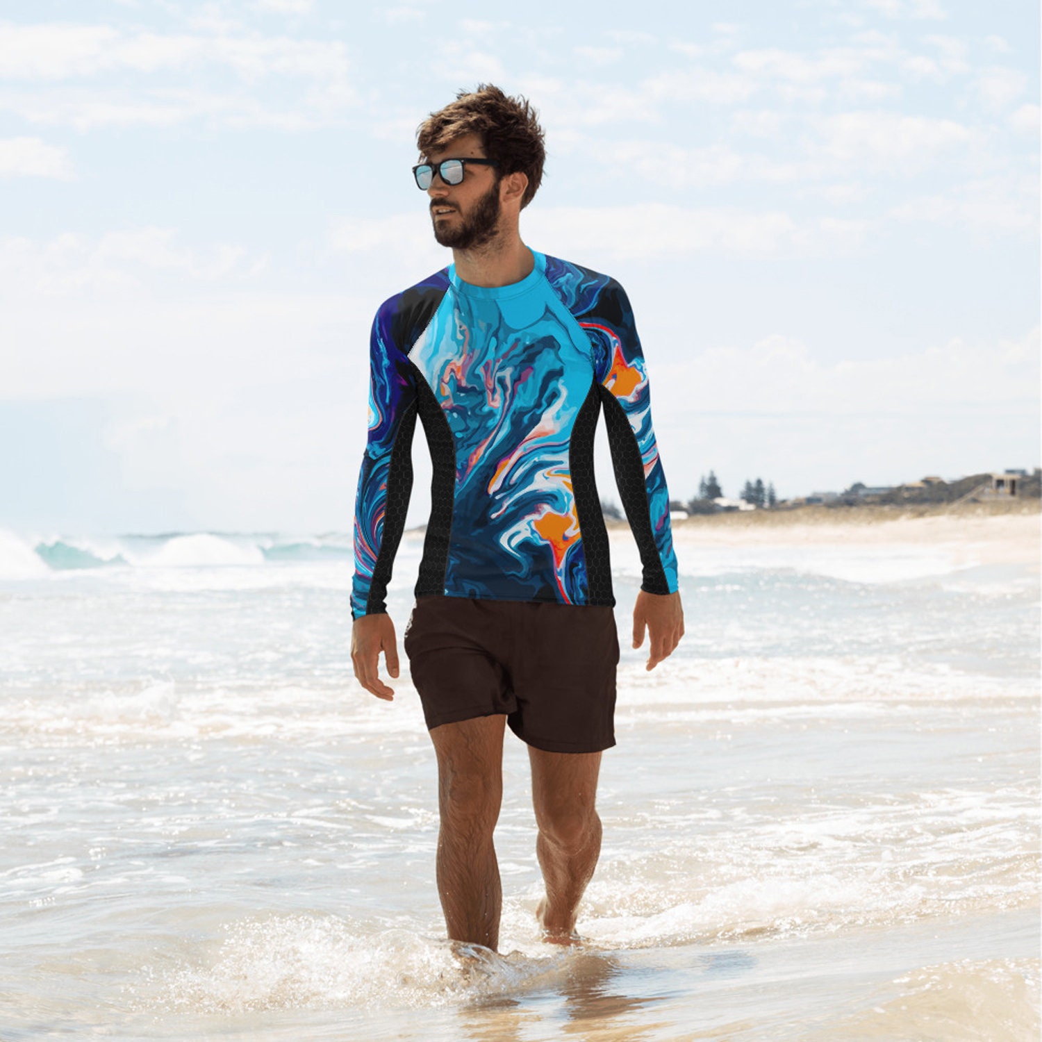 Mens Rash Guard - Marble Pattern Print High Visibility Long Sleeve ...
