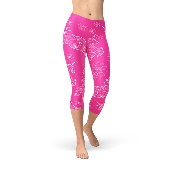 Pink Unicorn Womens Capri Leggings Unicorn Adult Capris, Unicorn