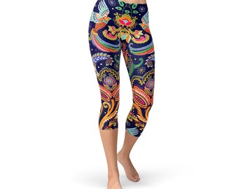 Ornamental Paisley Capri Leggings - Ornate Floral Motif Capri, Indian Floral Capri, Paisley Capri, Paisley Pattern, Motif Print Capri