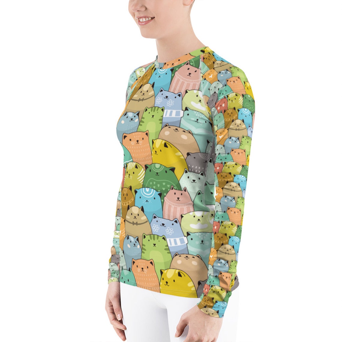 Womens Cat Rash Guard All Over Print Cute Colorful Cats Long Etsy