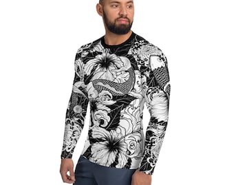 Koi Fish Rash Guard for Men - Long Sleeve MMA / BJJ Rash Guards - Tatuaggio giapponese / Illustrazione Stampa - Protezione solare - UPF Swim Shirt