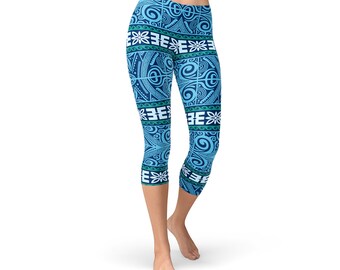 Blue Polynesian Tribal Capri Leggings - Polynesian Tribal Tights, Hawaiian Tribal Capris, Hawaiian Print Capris, Hawaiian Print Yoga Pants