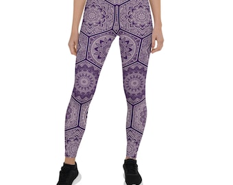 Lila Mandala Muster Leggings, Heilige Geometrie Hose
