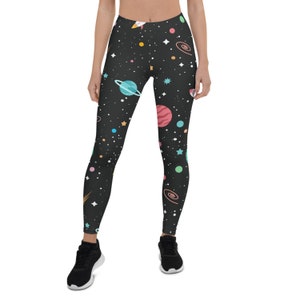 Galaxy Leggings per donna Pantaloni da allenamento a vita media con spazio, stelle, pianeti celesti Stampa modello perfetto per correre, yoga, crossfit