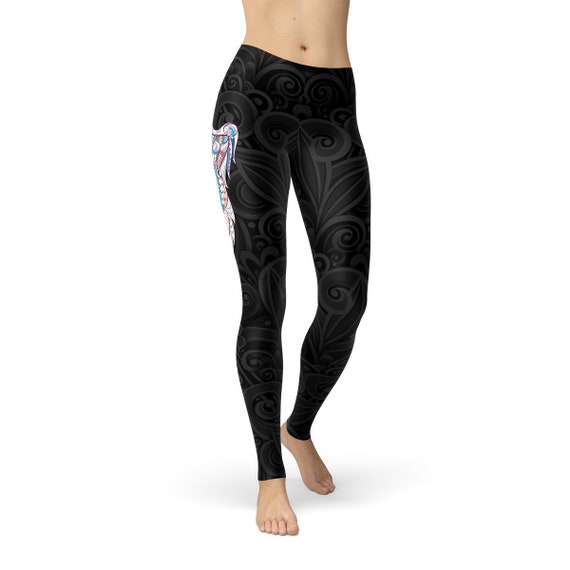 Womens Workout Yoga Angel Wing Leggings Black/Grey