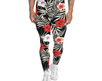Tropical Floral Leggings for Men in Mid Rise Waist Full Length Hawaii Hibiscus Flower Pattern Print Perfect for Surfing, Running, BJJ, MMA