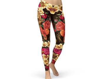 Skull and Roses Leggings - Day of the Dead Leggings, Halloween Skull Roses Print Leggings, Skull Tattoo Leggings, Flower Skull Print Tights