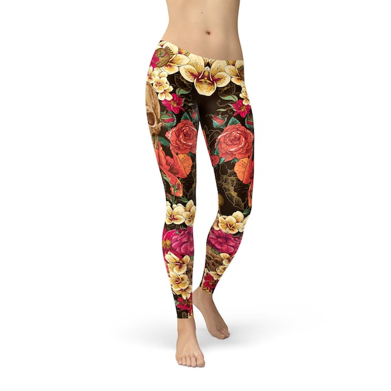 Skull and Roses Leggings Day of the Dead Leggings, Halloween Skull Roses  Print Leggings, Skull Tattoo Leggings, Flower Skull Print Tights 