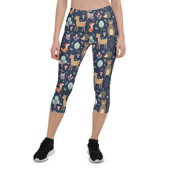 Cute Forest Animals Capri Leggings for Women Mid Waist Calf Length Workout  Capris With Wild Animal Pattern Print for Running, Yoga and Gym 