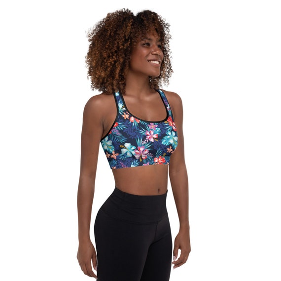 Womens Floral Padded Sports Bra With Tropical Hawaiian Flowers