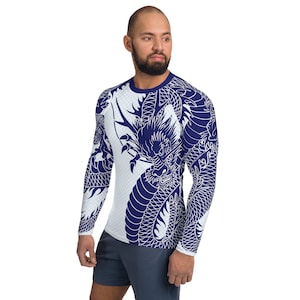 Japanischer Drache Langarm Rash Guard für Männer Navy Blue Tattoo Design mit Schuppen Sonnenschutz UPF Badeshirt Perfekt zum Surfen, MMA, BJJ