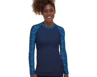 Women's Blue Mermaid Rash Guard - Camisa de baño de manga larga con patrón de escamas de pescado para mujeres Perfecto para surfear, nadar, paddle boarding