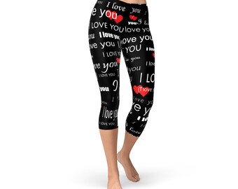 Valentines Day Capri Leggings For Women - Womens Black Capri Leggings Printed With I Love You Words & Red Love Hearts Perfect Gift For Her