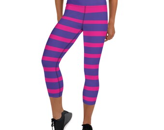 Pink and Purple Striped Yoga Capri Leggings for Women High Rise Waist Calf Length Capris Cheshire Cat Stripes Perfect for Running, Crossfit