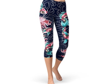 Japanese Style Koi Fish Yoga Capri Leggings - Carp Fish Yoga Capris, Koi Fish and Flowers, Koi Fish Yoga Pants, Butterfly Koi Fish