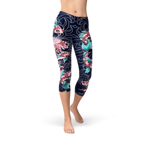 Japanese Style Koi Fish Yoga Capri Leggings - Carp Fish Yoga Capris, Koi Fish and Flowers, Koi Fish Yoga Pants, Butterfly Koi Fish