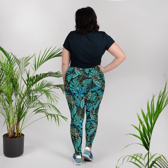 Palm Leaf Leggings for Women Green High Waist Plus Size Leggings in  Tropical Polynesian Floral Pattern Great Plus Size Yoga Pants for Gym 