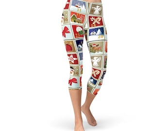 Calendrier de l’Avent Capri Leggings pour femmes - Pantalon Capri avec timbres de Noël imprimés partout, leggings de festival parfaits pour Noël