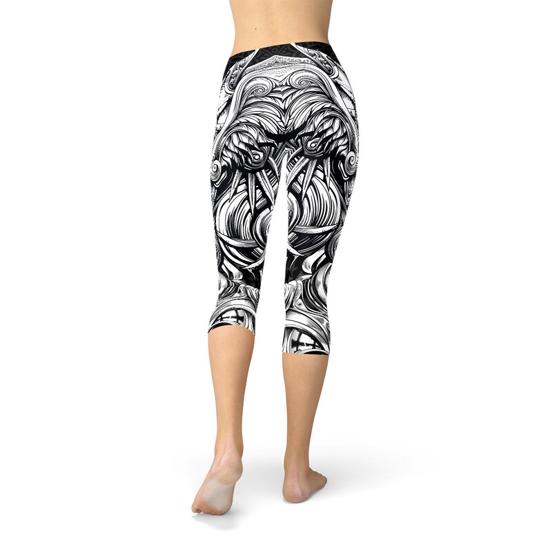 Workout Leggings All Over Print Valkyrie Headpiece Tattoo Design Full Medieval Helmet From Norse Mythology Valkyrie Black Capri Leggings