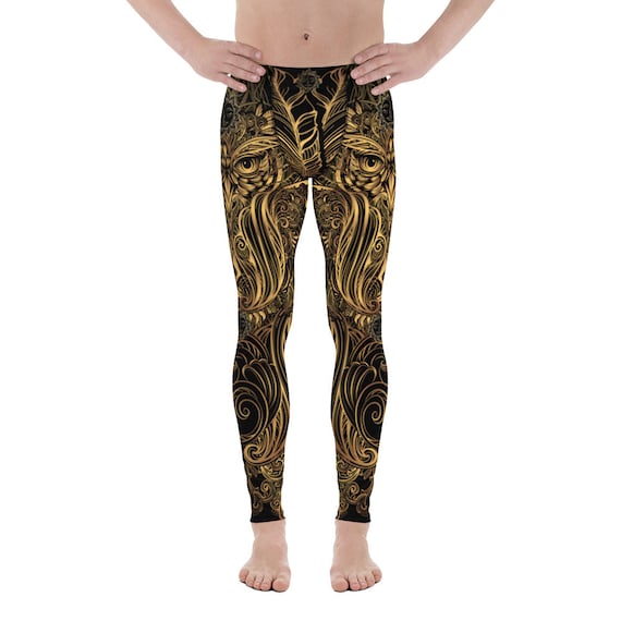 Mens Leggings Meggings Art Deco Style Black Leggings W/ Owl Print Steampunk  Leggings for Men Perfect for BJJ, MMA, Judo, Crossfit 