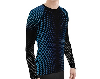 Mens Rash Guard -  Long Sleeve Ombre Ocean Blue Rashguard - Sun Protection UPF Swim Shirt, Perfect Rashie For BJJ, Surfing or Fishing